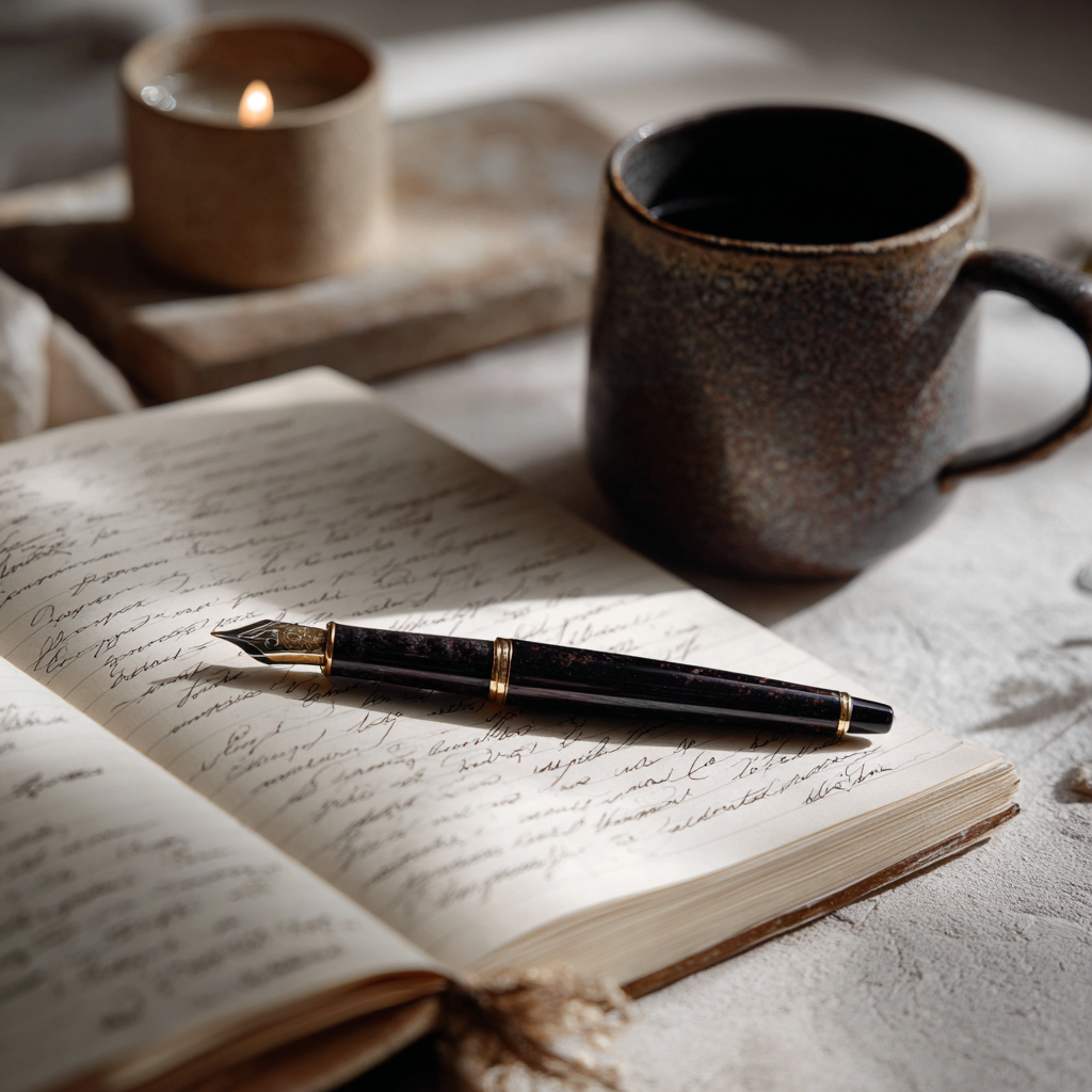 A traditional writer’s desk scene for femalefiction.com, styled mostly in black and white with warm brown hues. A vintage wooden desk features an open notebook with handwritten lines, a classic fountain pen laid across the page, and soft warm light glowing from a small lamp. Textured paper, delicate shadows, and subtle imperfections create a nostalgic mood. The atmosphere feels intimate, feminine, and timeless, blending old-world charm with a modern clean composition.desk: a warm brown ceramic mug, subtle shadows, and clean lines that evoke calm focus and creativity. The composition feels elegant, quiet, and contemplative, blending classic literary charm with a sleek modern aesthetic. Soft textures, warm highlights, and balanced negative space create a timeless, inspiring atmosphere.